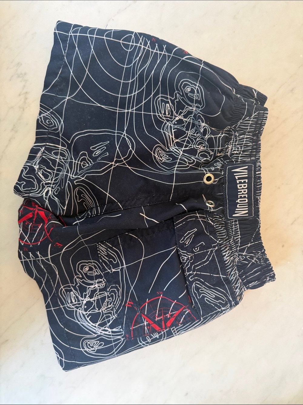 Vilebrequin Navy Swim Trunks with White Topographic Print and Red Accents